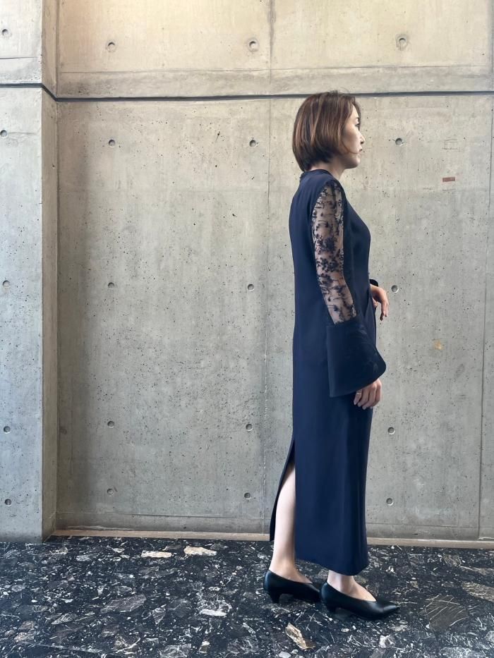 Acetate Polyester Floral Lace-Sleeve Dress - navy Acetate Polyester Floral Lace-Sleeve Dress - navy
