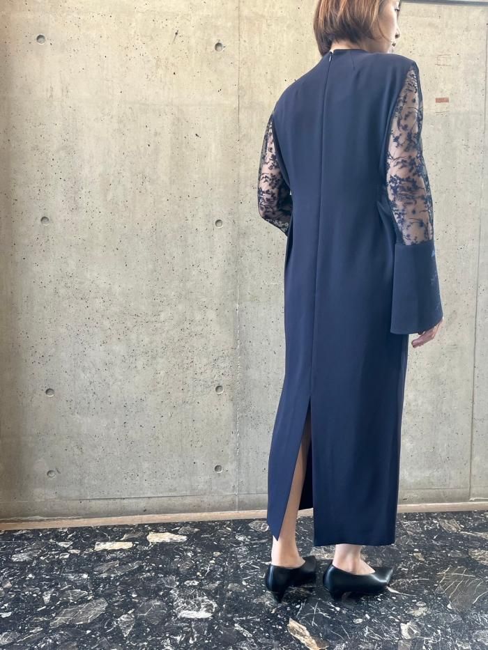 Acetate Polyester Floral Lace-Sleeve Dress - navy Acetate Polyester Floral Lace-Sleeve Dress - navy