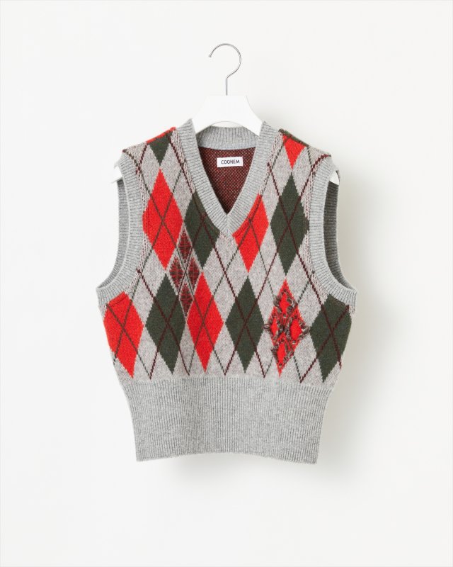 CRASHED ARGYLE CHECK KNIT VEST