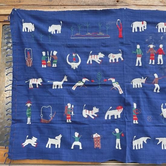 ナガ族の手刺繍 布 青 - Tribal Arts
