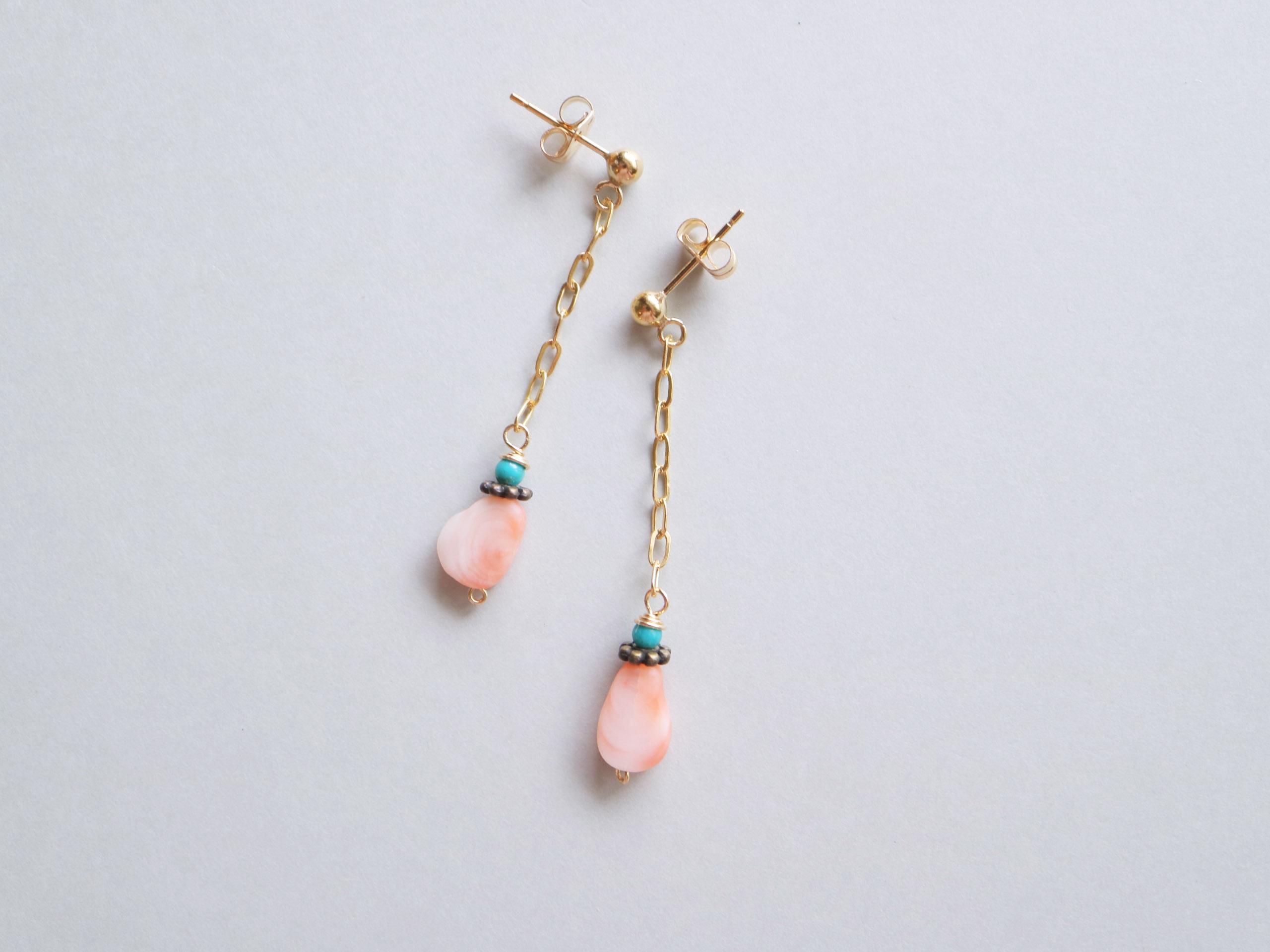 ピンク珊瑚とターコイズのピアス Snow Blossoms Online Shop