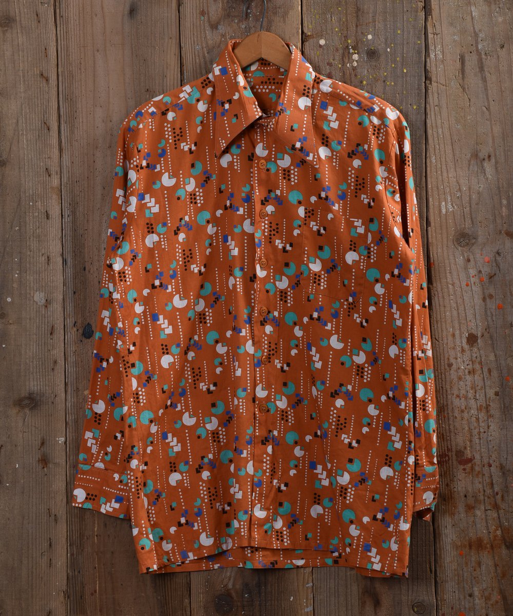 70's retro pattern Shirt ｜70年代 レトロ柄シャツ オレンジ系 - 古着