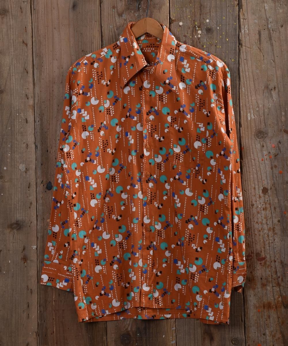 70's retro pattern Shirt ｜70年代 レトロ柄シャツ オレンジ系 - 古着