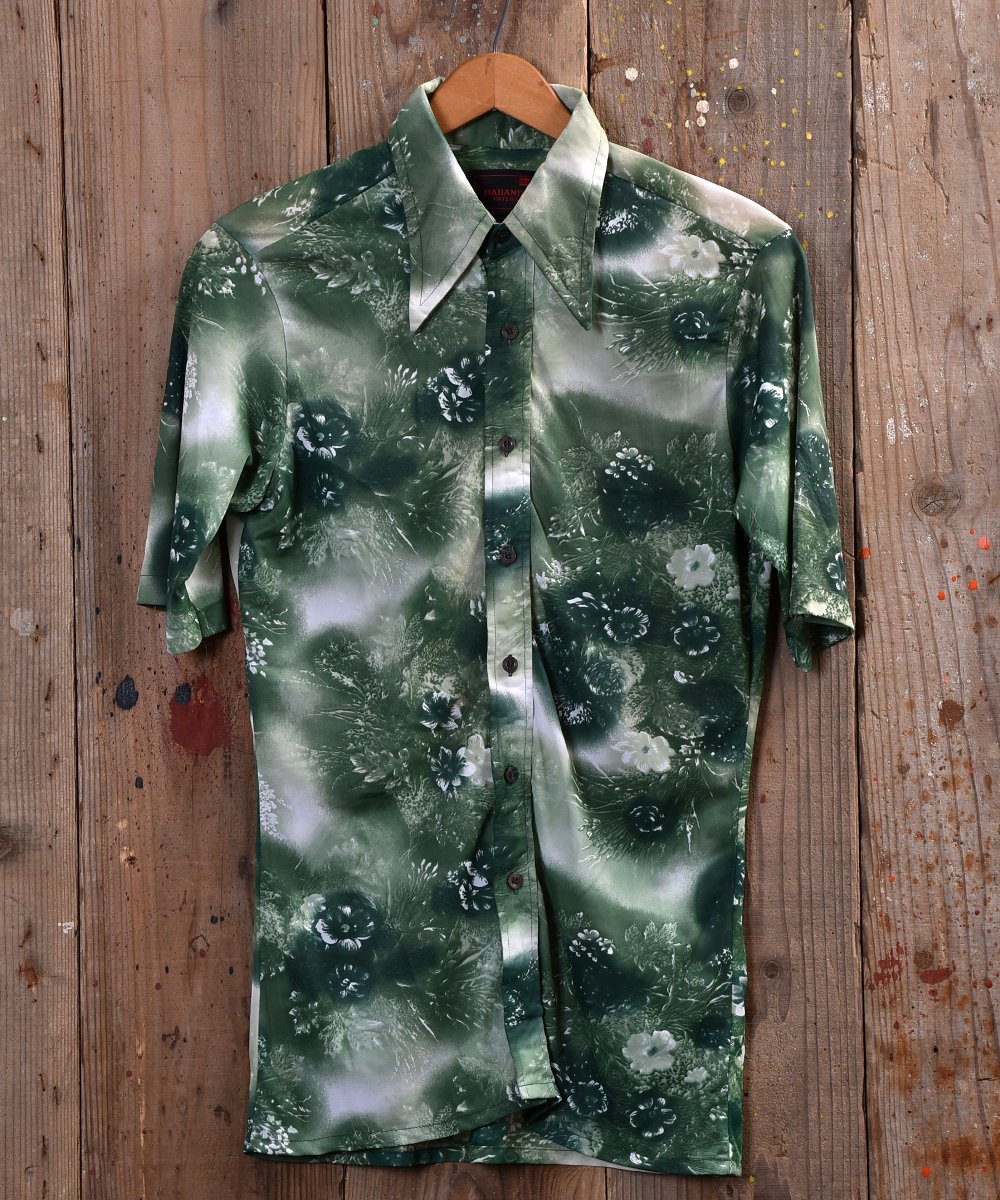 70's like multi pattern Green polyester Shirt｜70年代風 総柄グリーンポリシャツ 古着のネット通販サイト  古着屋グレープフルーツ ムーン(Grapefruitmoon)Onlineshop ヴィンテージアイテム・レトロファッション