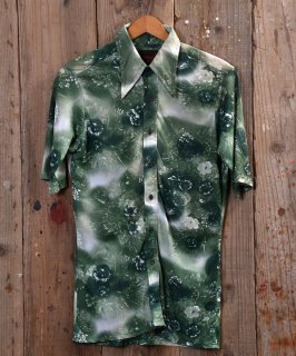 70's like multi pattern Green polyester Shirt70ǯ ꡼ݥꥷ Υͥå 岰졼ץե롼 ࡼ
