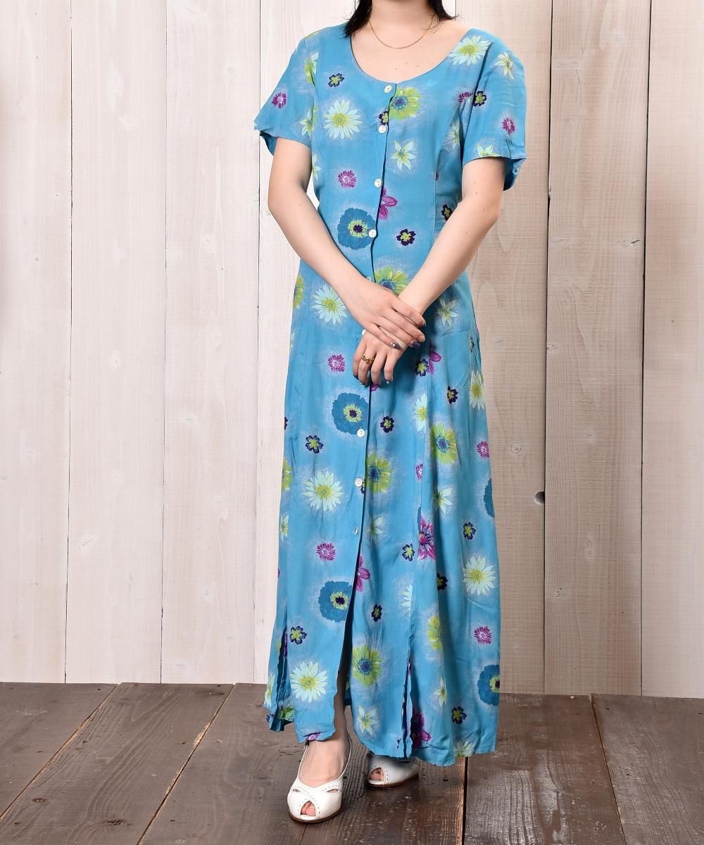 Front Open Flower Pattern One Piece|花柄ワンピース ブルー系 Front Open Flower Pattern One Piece|花柄ワンピース ブルー系