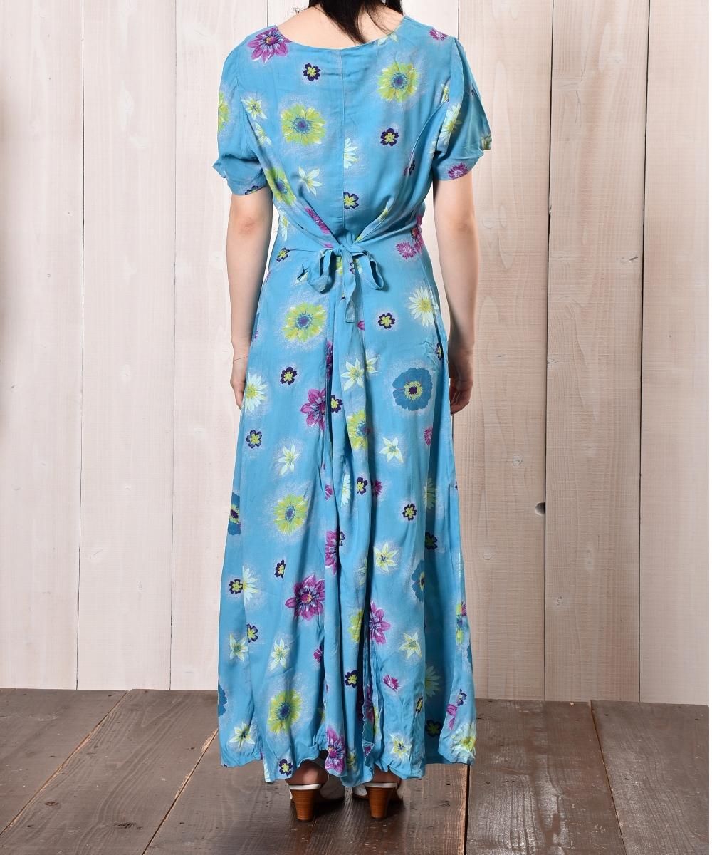 Front Open Flower Pattern One Piece 花柄ワンピース ブルー系 古着のネット通販サイト 古着屋グレープフルーツムーン Grapefruitmoon Onlineshop ヴィンテージアイテム レトロファッション