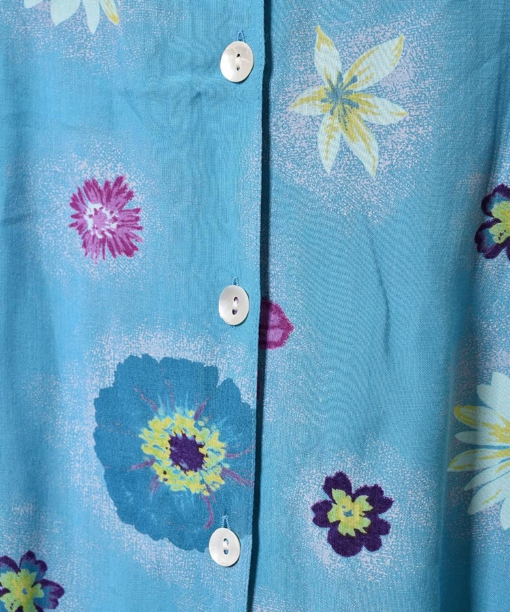 Front Open Flower Pattern One Piece 花柄ワンピース ブルー系 古着のネット通販サイト 古着屋グレープフルーツムーン Grapefruitmoon Onlineshop ヴィンテージアイテム レトロファッション