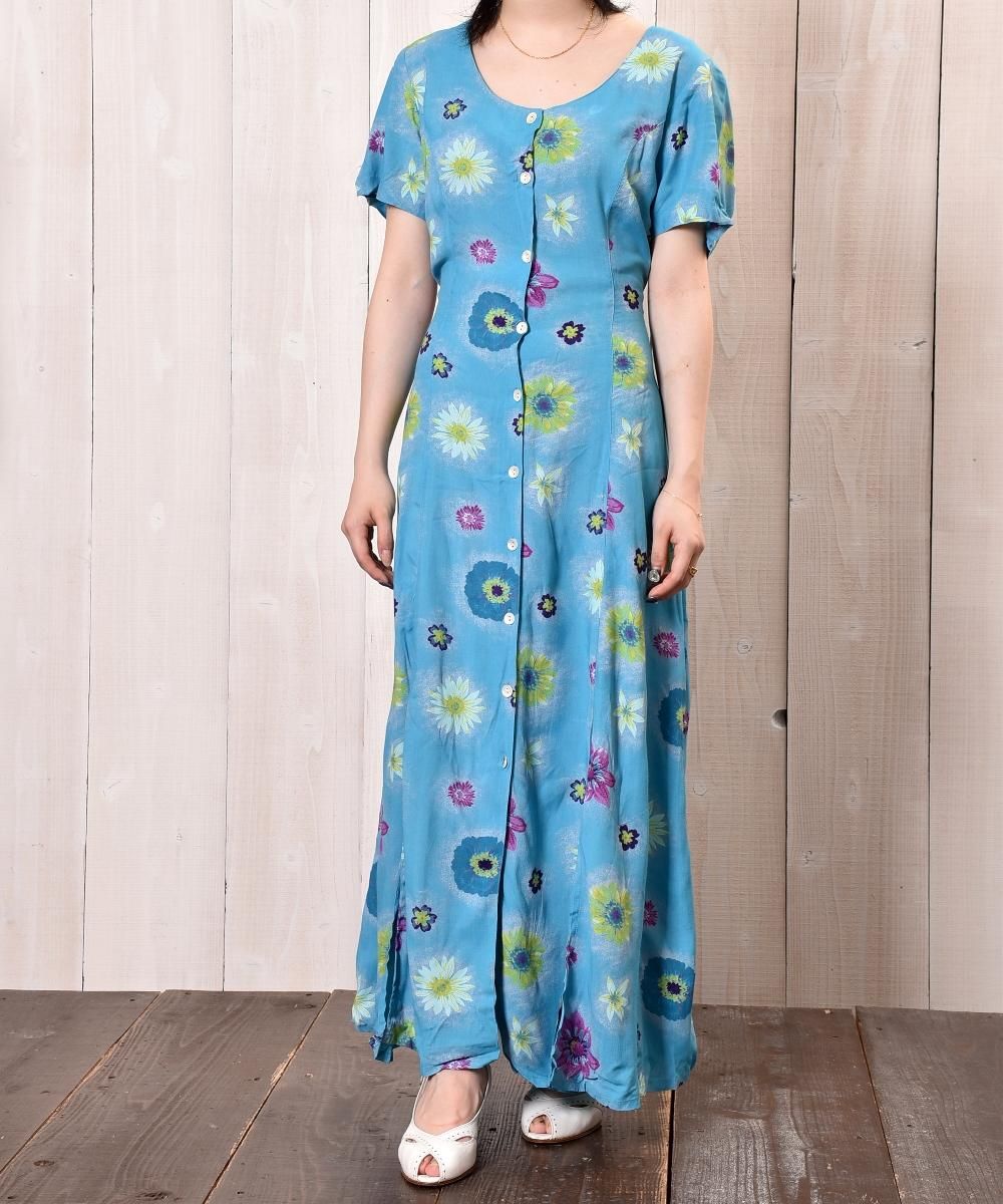 Front Open Flower Pattern One Piece｜花柄ワンピース ブルー系