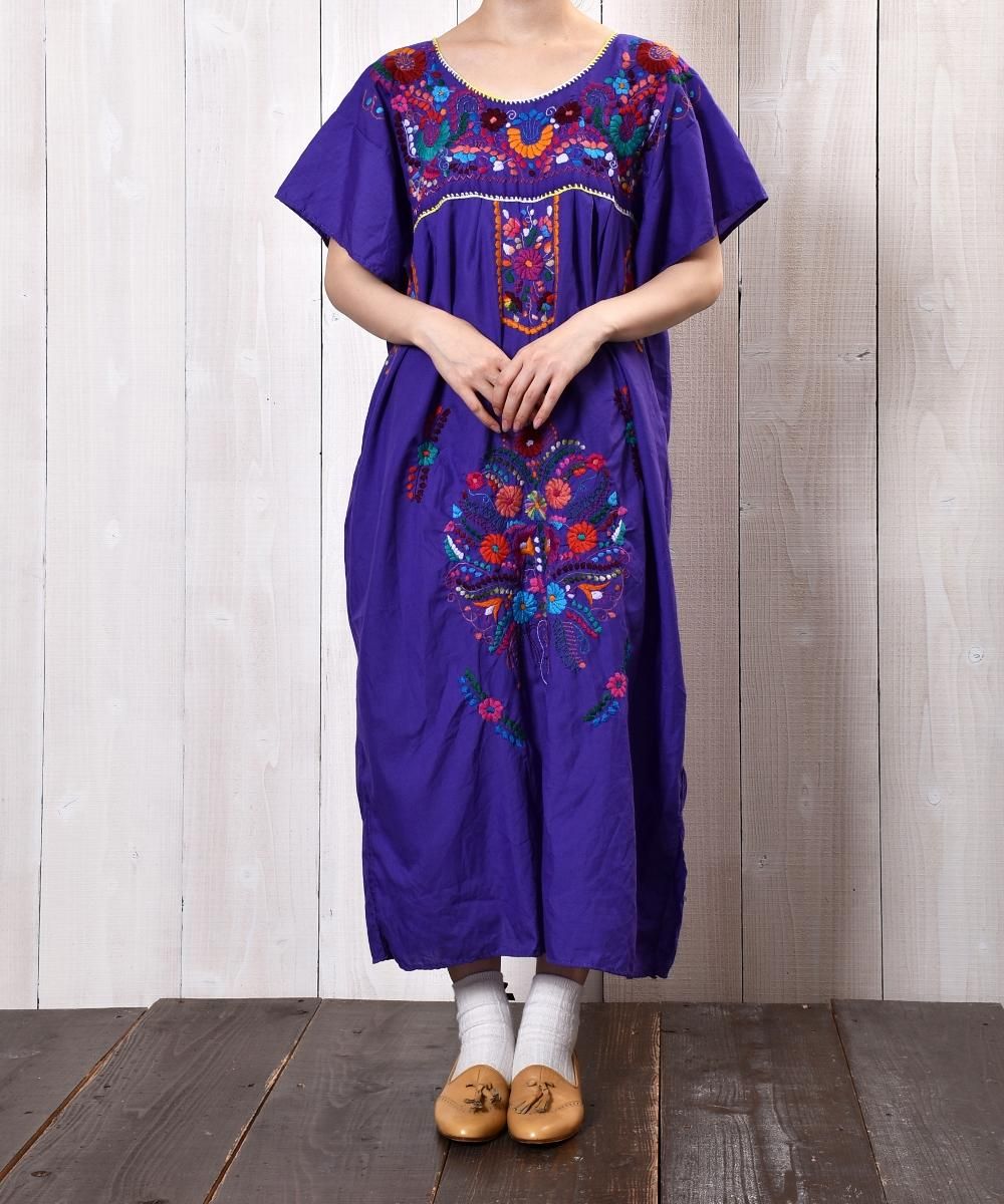 Made In Mexico Ethnic Flower Pattern One Piece メキシコ製 エスニック花柄ワンピース パープル系 古着のネット通販サイト 古着屋グレープフルーツムーン Grapefruitmoon Onlineshop ヴィンテージアイテム レトロファッション