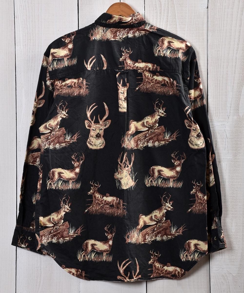 Outdoor Life Deer Pattern Long Sleeve Shirt アウトドアライフ 鹿柄 総柄シャツ ブラック 古着のネット通販サイト 古着屋グレープフルーツムーン Grapefruitmoon Onlineshop ヴィンテージアイテム レトロファッション