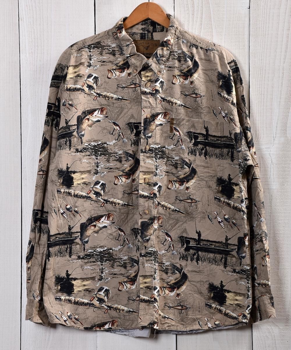 Bass Fishing Pattern Long Sleeve Shirt バスフィッシング総柄アウトドアシャツ ベージュ系 古着のネット通販サイト 古着屋グレープフルーツムーン Grapefruitmoon Onlineshop ヴィンテージアイテム レトロファッション
