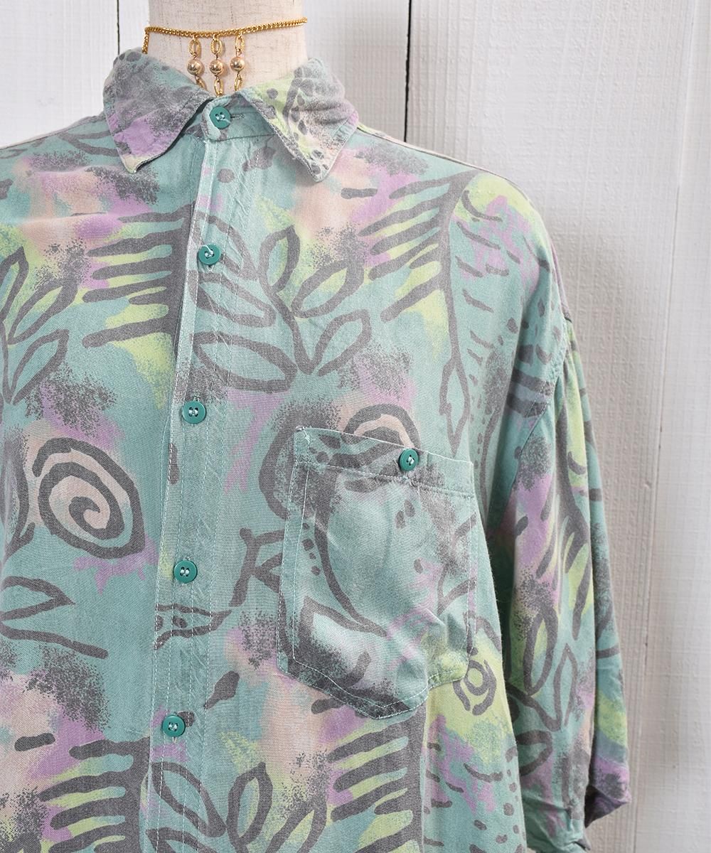 【個性派古着】半袖総柄ポロシャツ タグ付新品　アート柄　麻混　ライトグリーンL Ancient Multi Pattern Short Sleeve Shirt｜古代風総柄 半袖