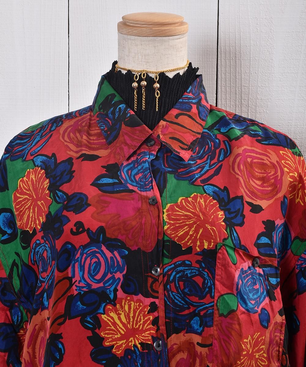 Flower Multi Pattern Shirt｜花 総柄シルクシャツ レッド系 - 古着の