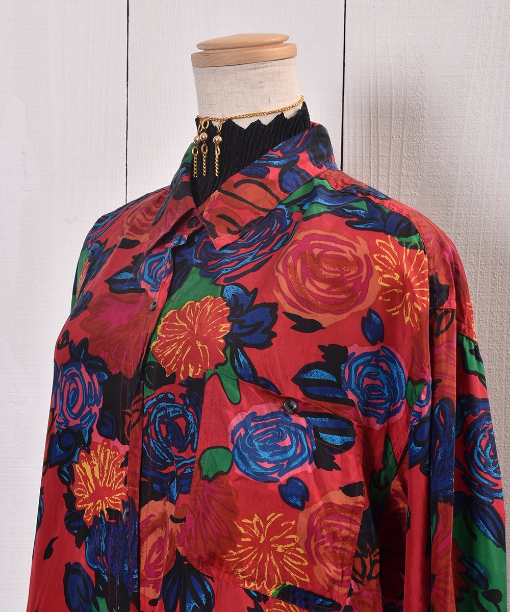 Flower Multi Pattern Shirt｜花 総柄シルクシャツ レッド系 - 古着の 