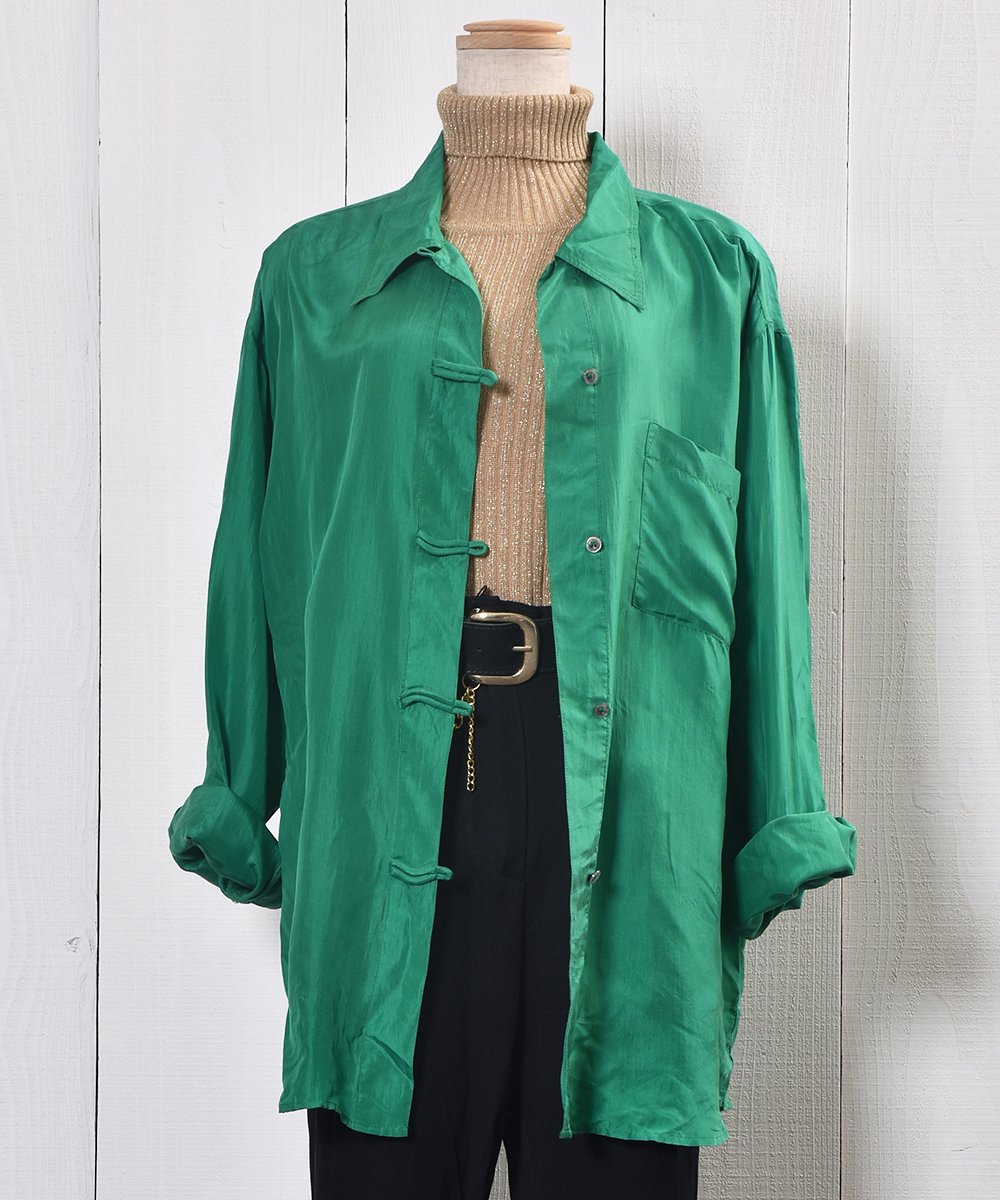  Big Silhouette Green Silk Shirt China Buttonå꡼ ӥå 㥤ʥܥ 륯ġ  ͥå  岰졼ץե롼 ࡼ
