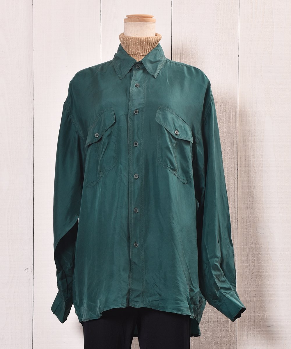 Big Silhouette Green Silk Shirt｜グリーン系 ビッグサイズ シルクシャツ 古着のネット通販サイト 古着屋グレープフルーツ  ムーン(Grapefruitmoon)Onlineshop ヴィンテージアイテム・レトロファッション