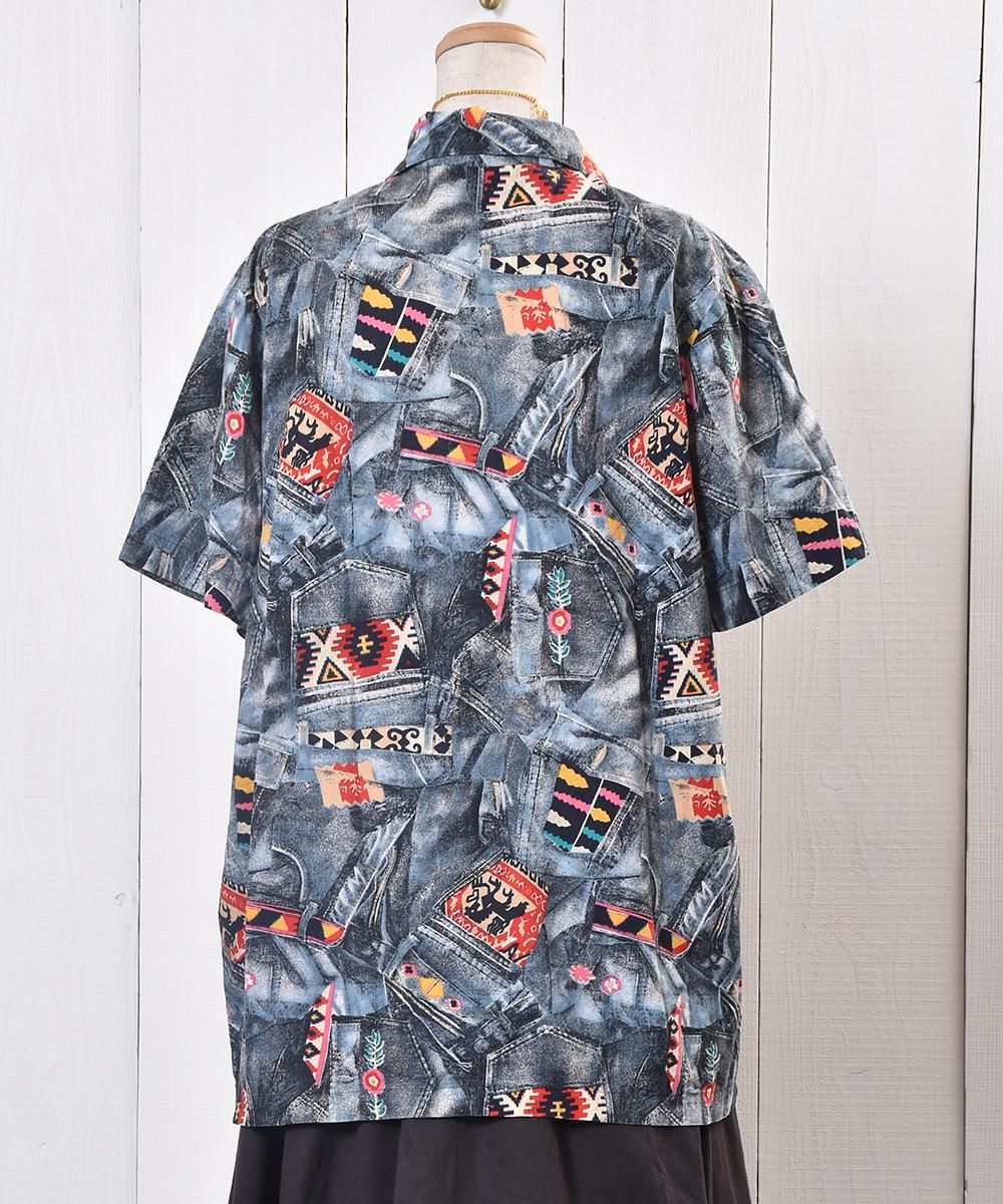 Native  Denim Print Open Collar Short Sleeve Shirtåץȥǥ󳫶Ⱦµĥͥ