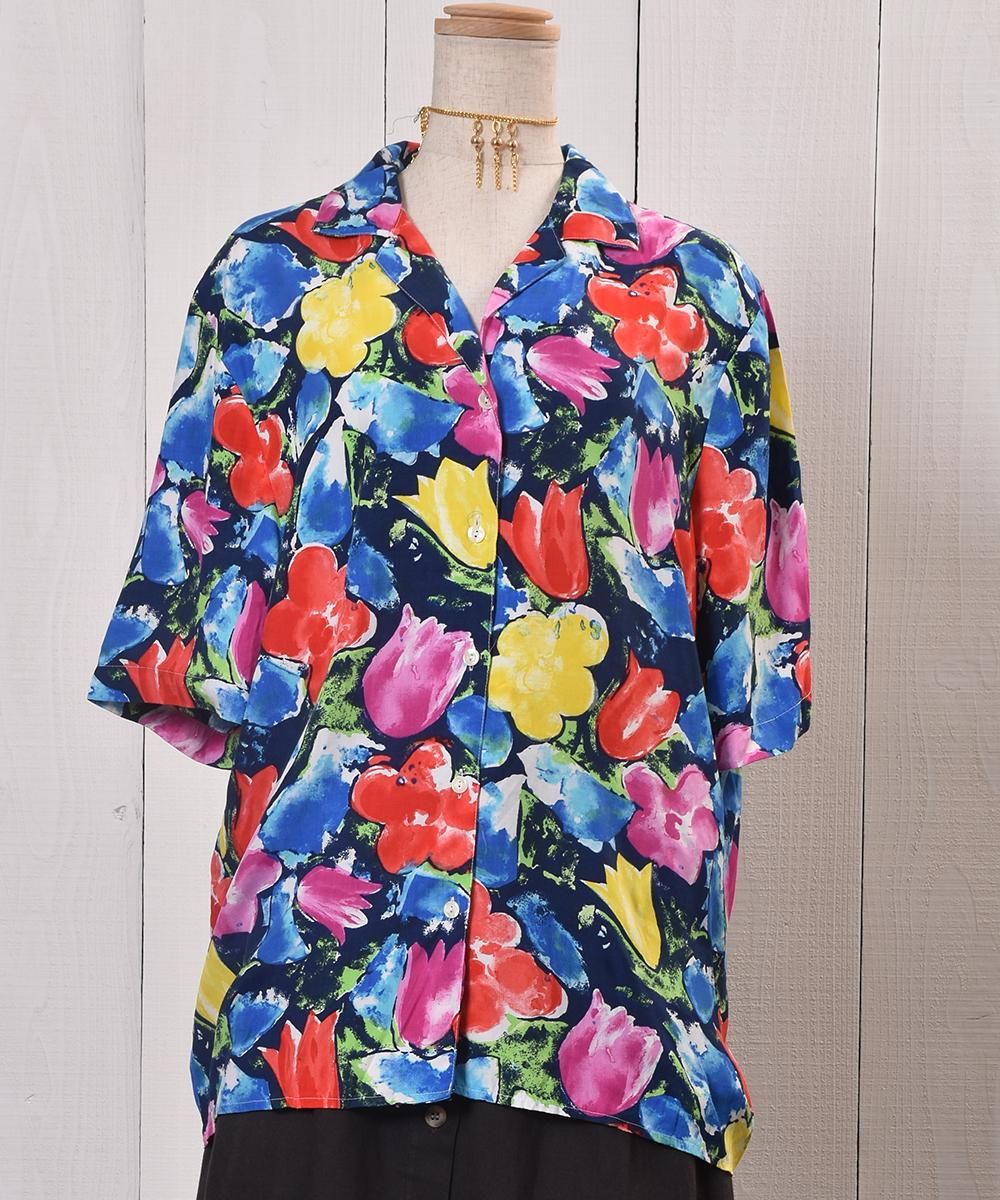 Painting Flower Pattern Open Collar Short Sleeve Shirtò  Ⱦµġ֥롼ϥͥ