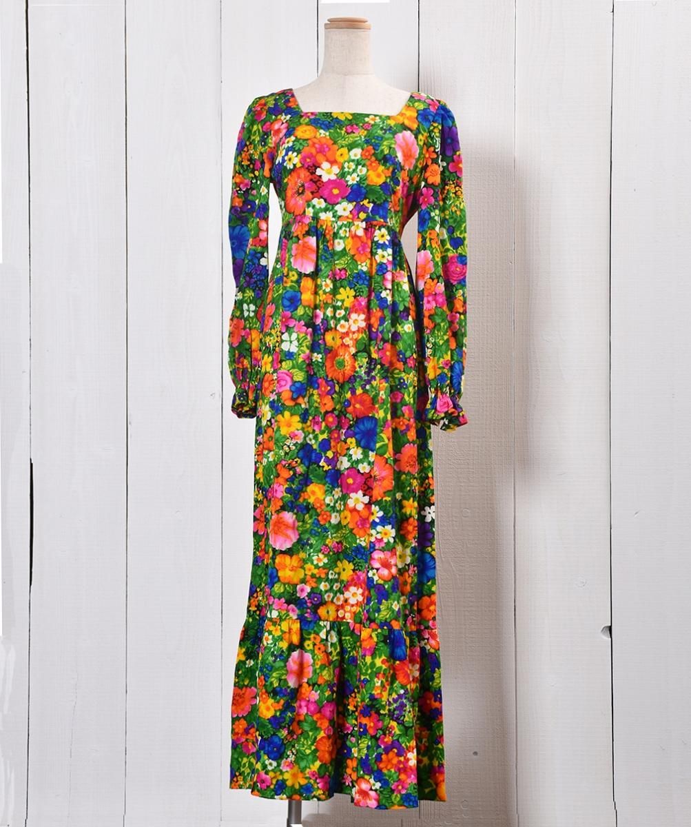 70's Colorful Flower Design Multi Pattern Maxi One Piece ｜70年代 ...