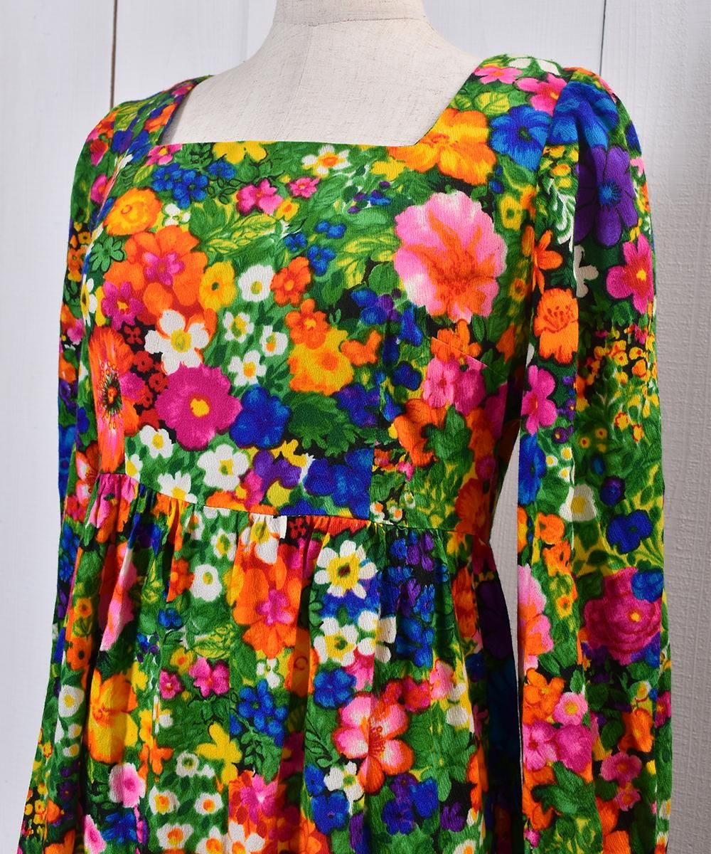 70's Colorful Flower Design Multi Pattern Maxi One Piece ｜70年代