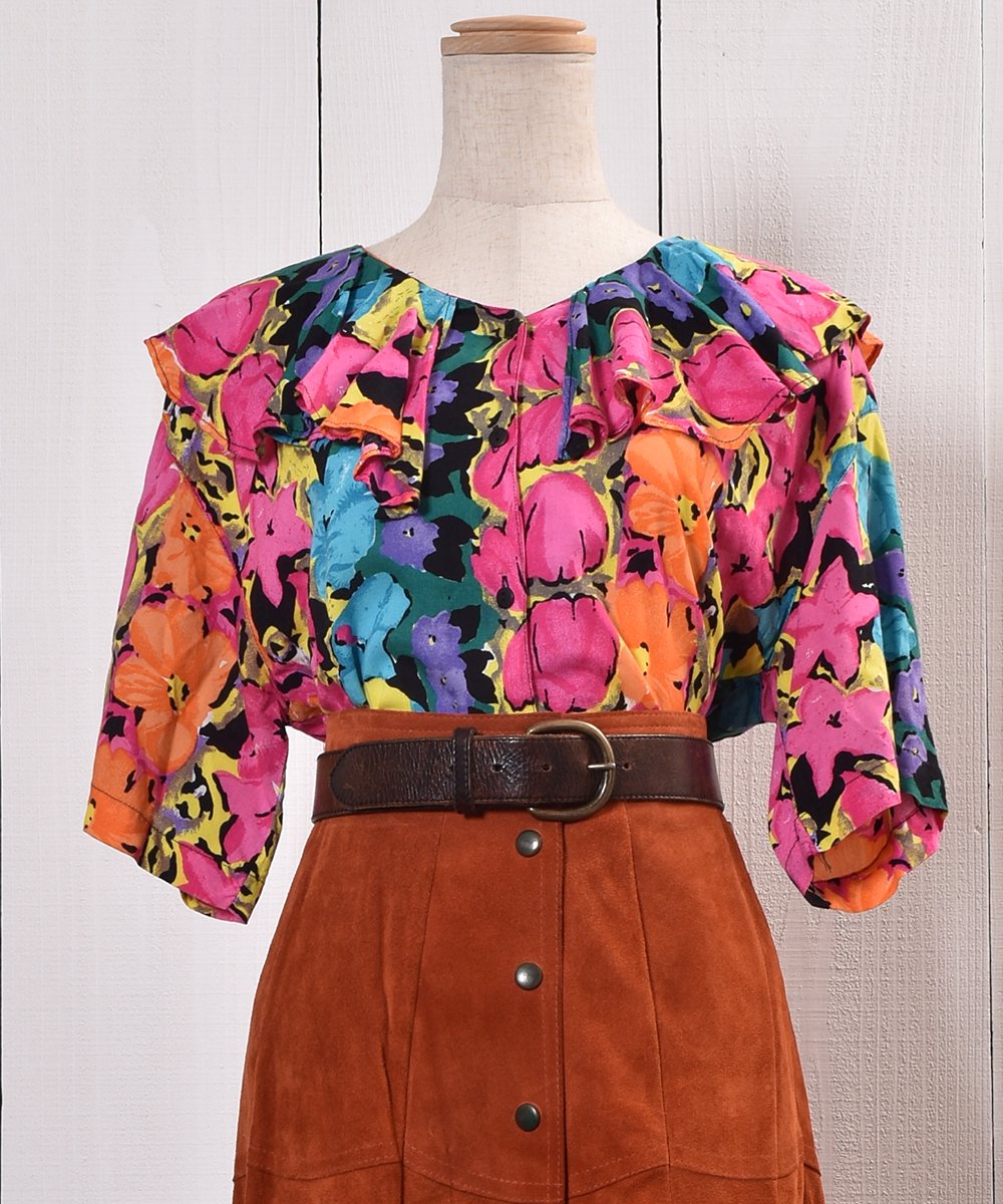  Made in Indonesia Flower Pattern Short Sleeve Ruffle Shirt åɥͥ  åե Ⱦµ   ͥå  岰졼ץե롼 ࡼ