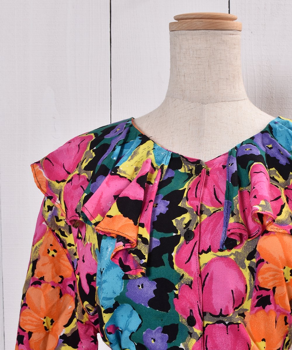 Made in Indonesia Flower Pattern Short Sleeve Ruffle Shirt åɥͥ  åե Ⱦµ ͥ