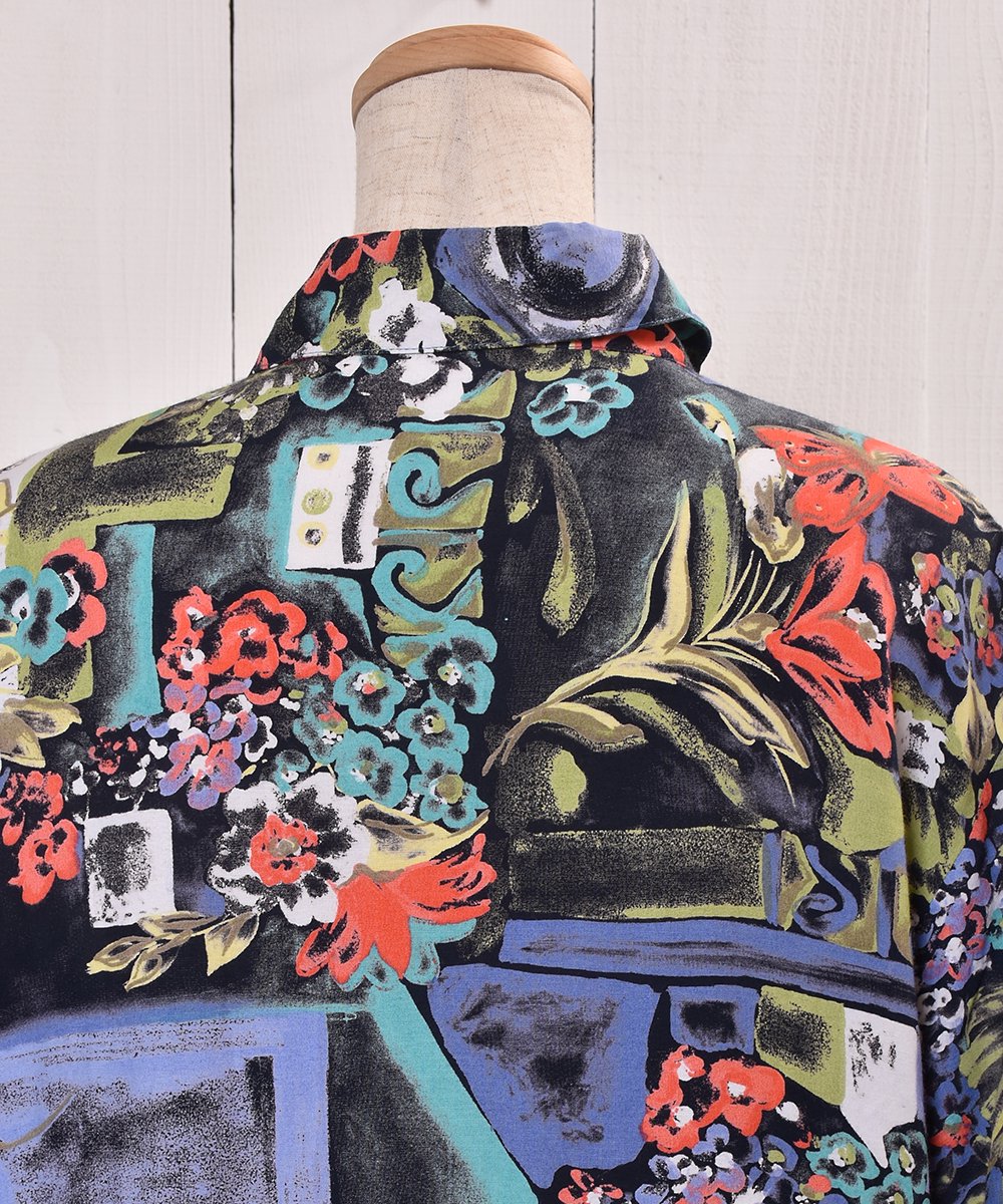 ヨーロピアン マルチカラー アート 絵画 個性的 総柄シャツ  白 青 半袖