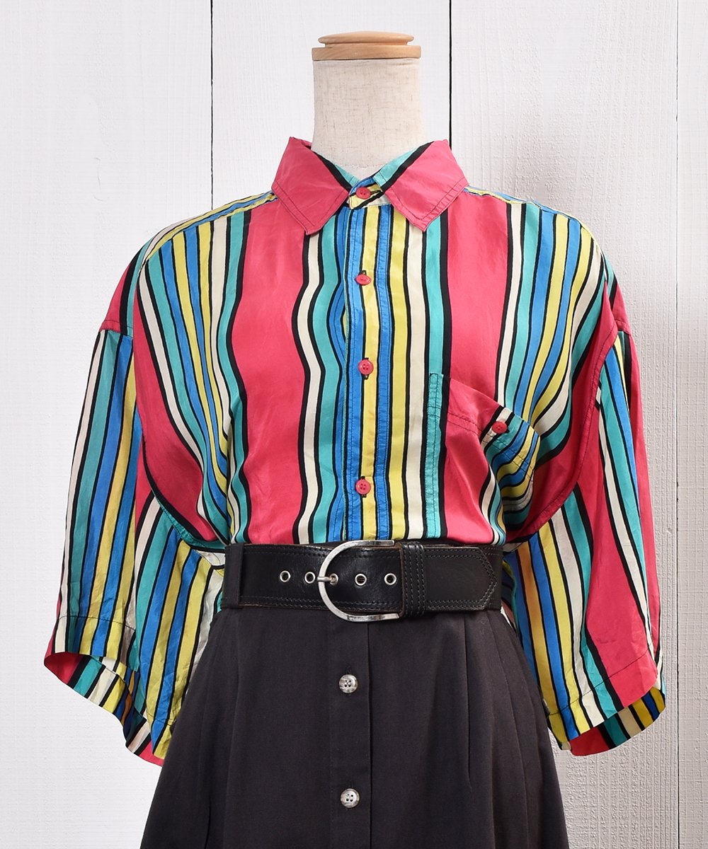 Multi Stripe Pattern Silk Short Sleeve Shirtåޥȥ饤 륯 Ⱦµ  ͥå  岰졼ץե롼 ࡼ