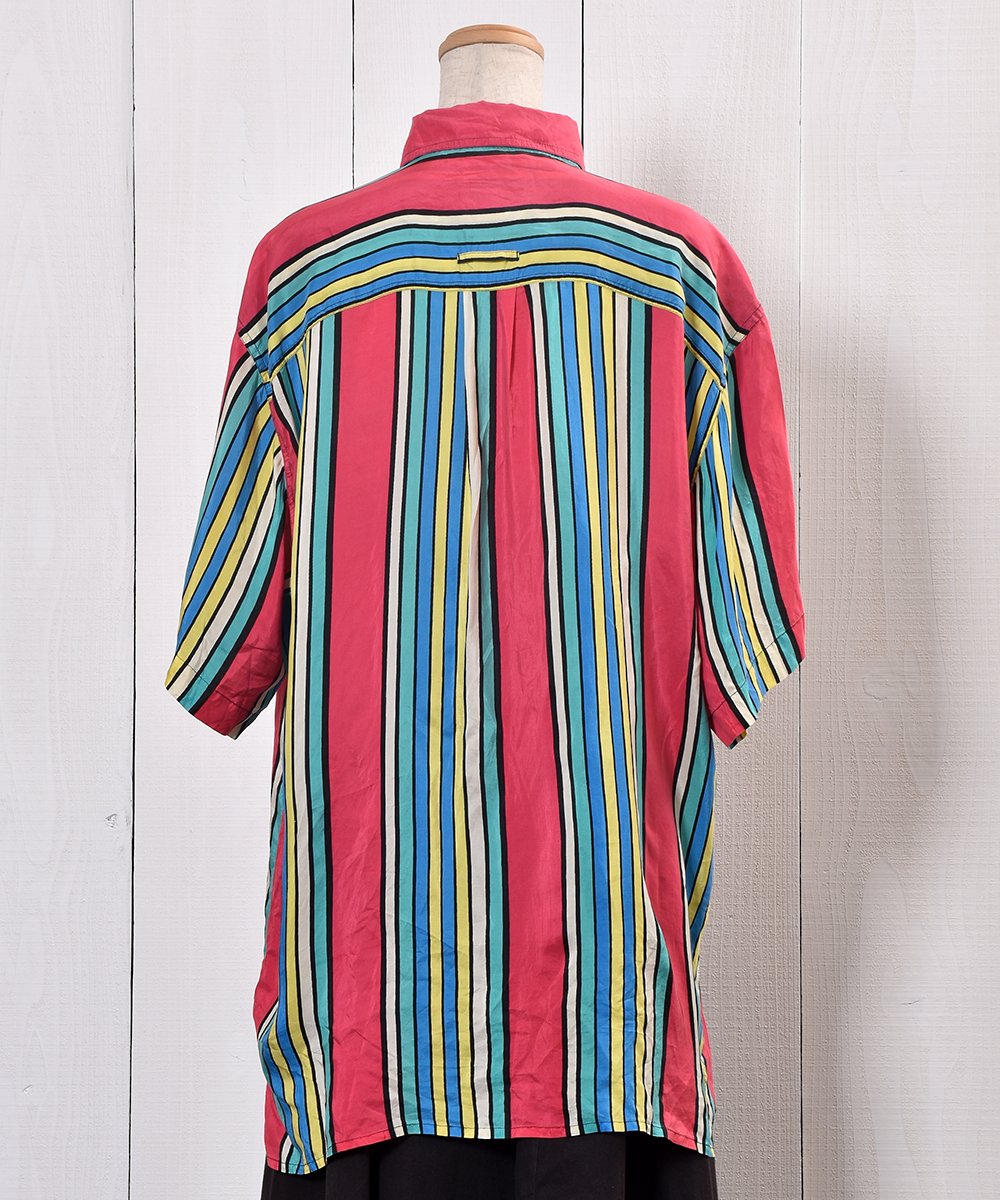 Multi Stripe Pattern Silk Short Sleeve Shirtåޥȥ饤 륯 Ⱦµĥͥ