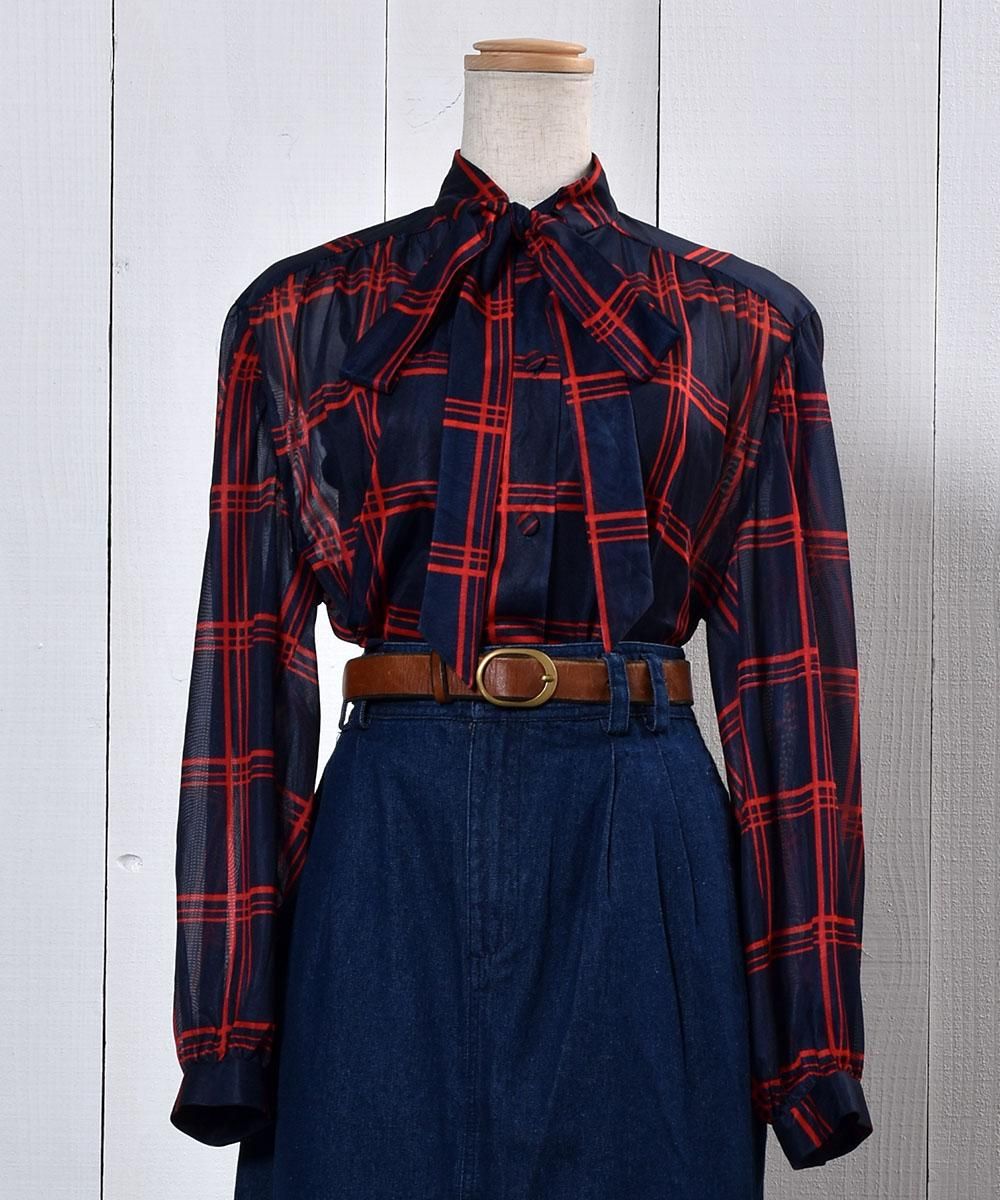 Check Ribbon Tie See-through Blouse |チェック リボン タイ