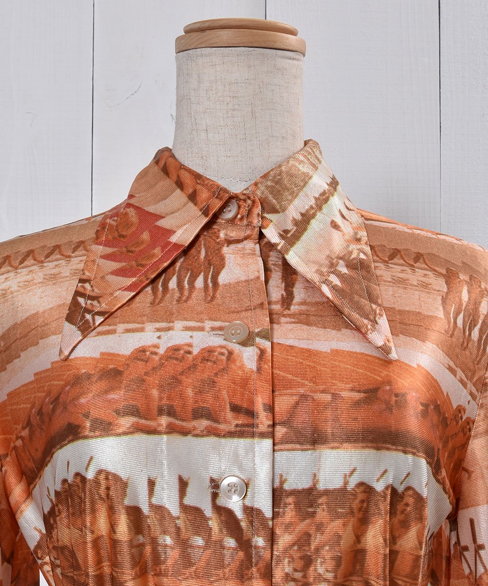 70's Multi Pattern Polyester Shirt｜70年代 総柄 ポリシャツ 