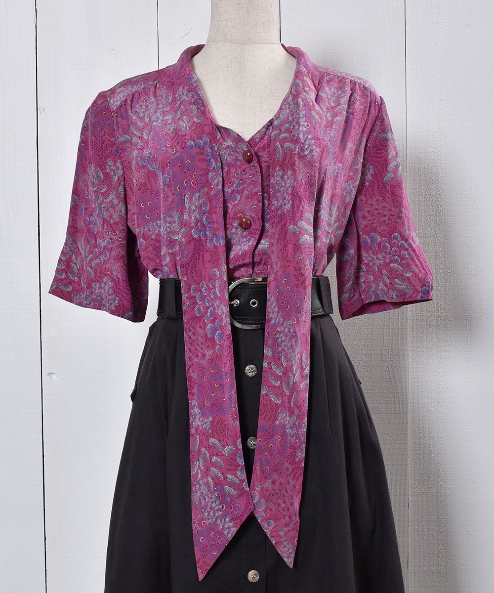 Flower Pattern Ribbon Tie Silk Short Sleeve Shirtò 륯 ܥ󥿥 Ⱦµ ͥ