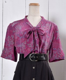 Flower Pattern Ribbon Tie Silk Short Sleeve Shirtò 륯 ܥ󥿥 Ⱦµ  Υͥå 岰졼ץե롼 ࡼ
