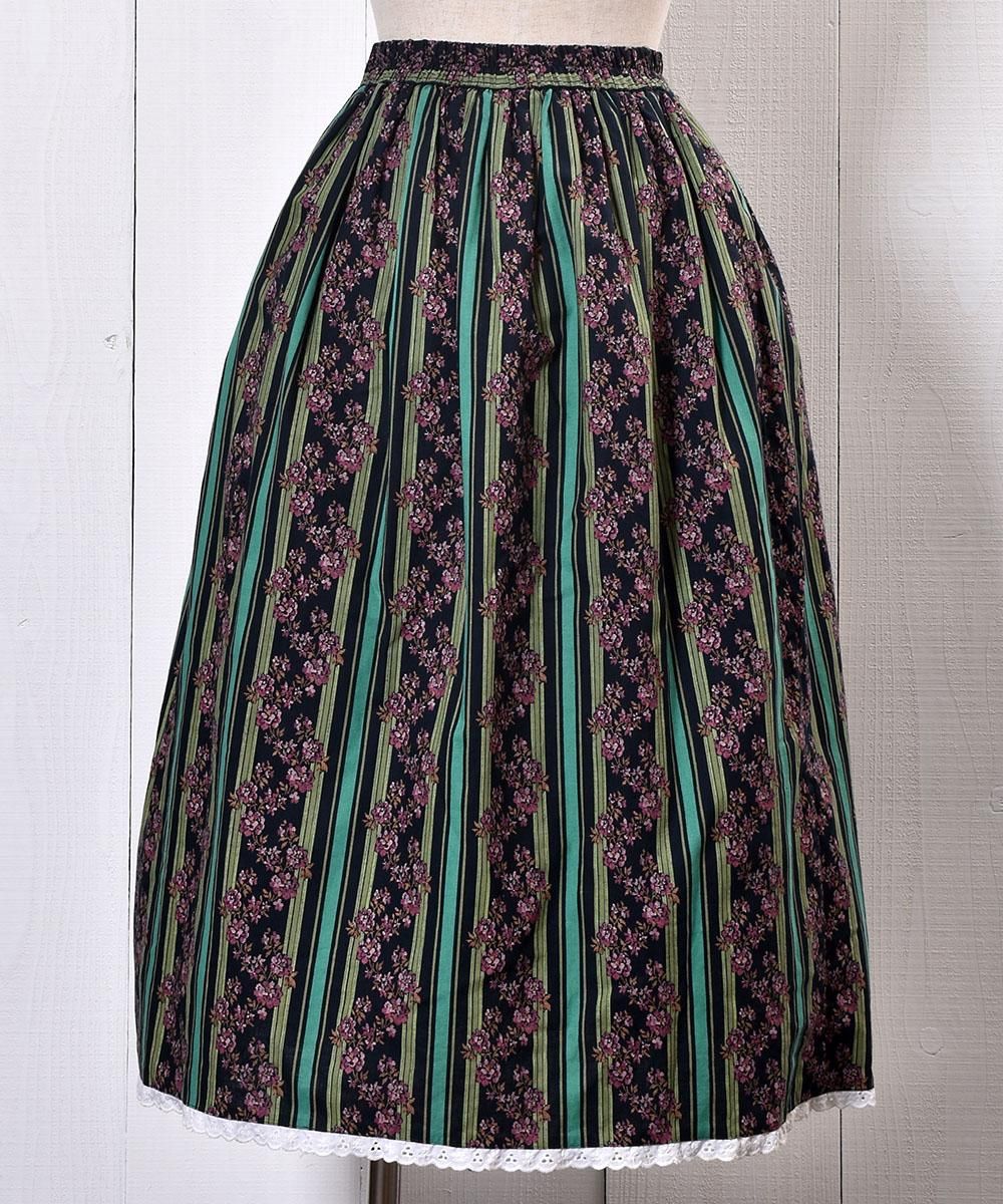 Made in Europe Stripe Pattern ＆ Flower Prints Tyrol Skirt ...