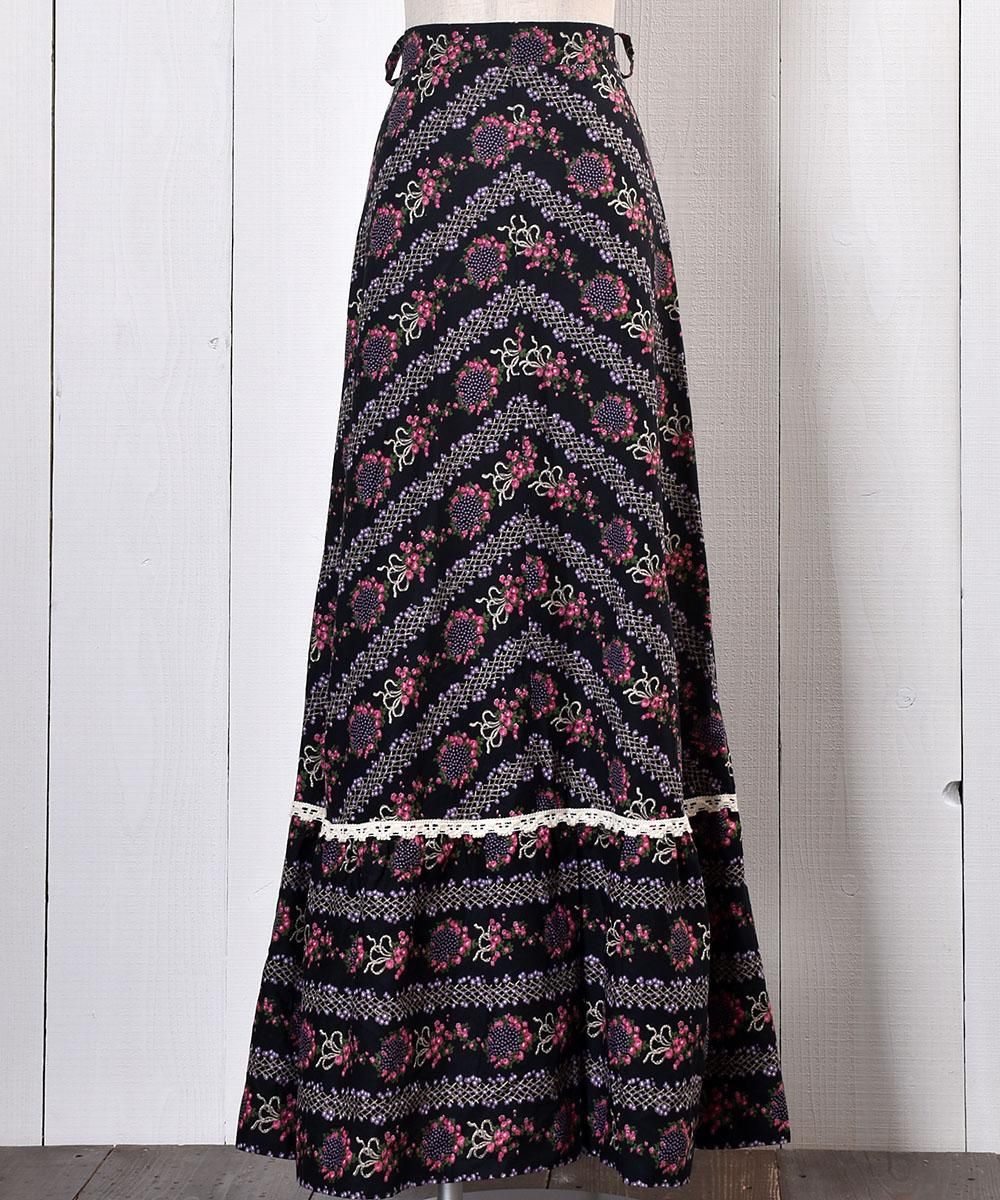 Flower Pattern Maxi Skirt ｜花柄マキシ丈スカート ブラック系 - 古着