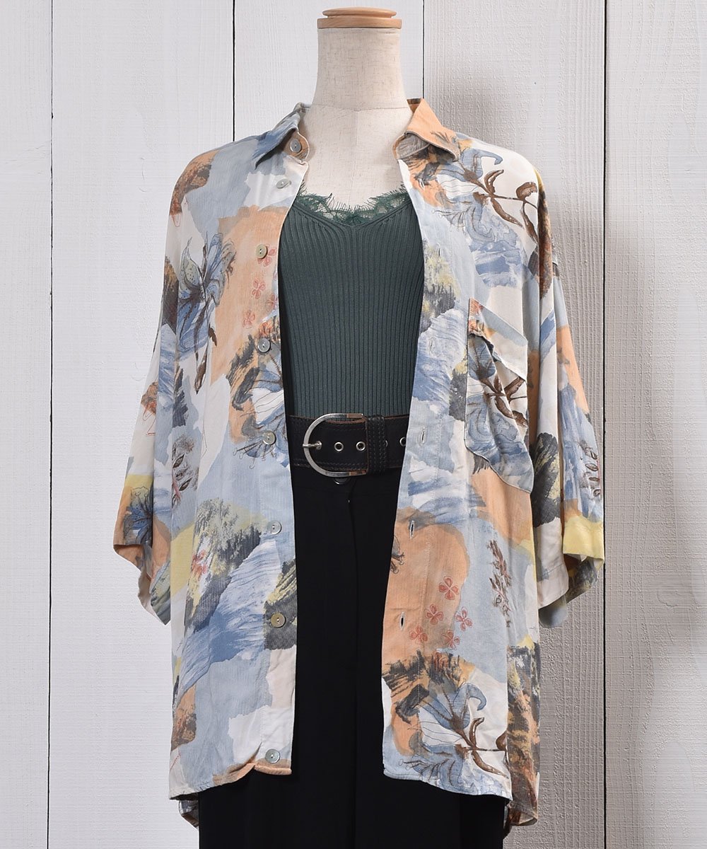  Short Sleeve Shirt Flower Pattern Lily Shell ButtonȾµ    ܥ  ͥå  岰졼ץե롼 ࡼ