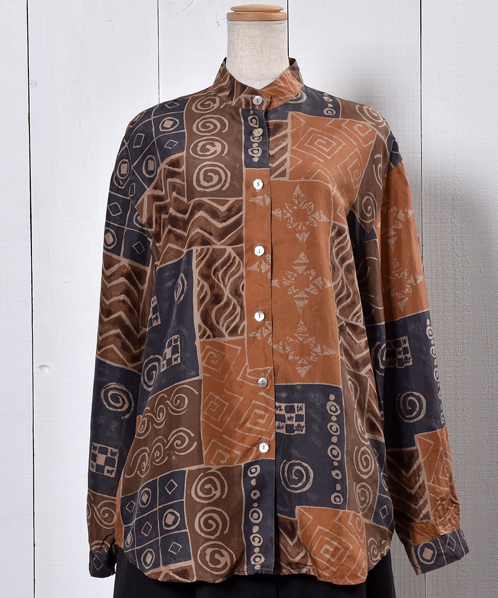 Artistic Pattern Long Sleeve Shirt Mandarin Collar Shell Button Ĺµ  ɥ顼 ܥ󥵥ͥ