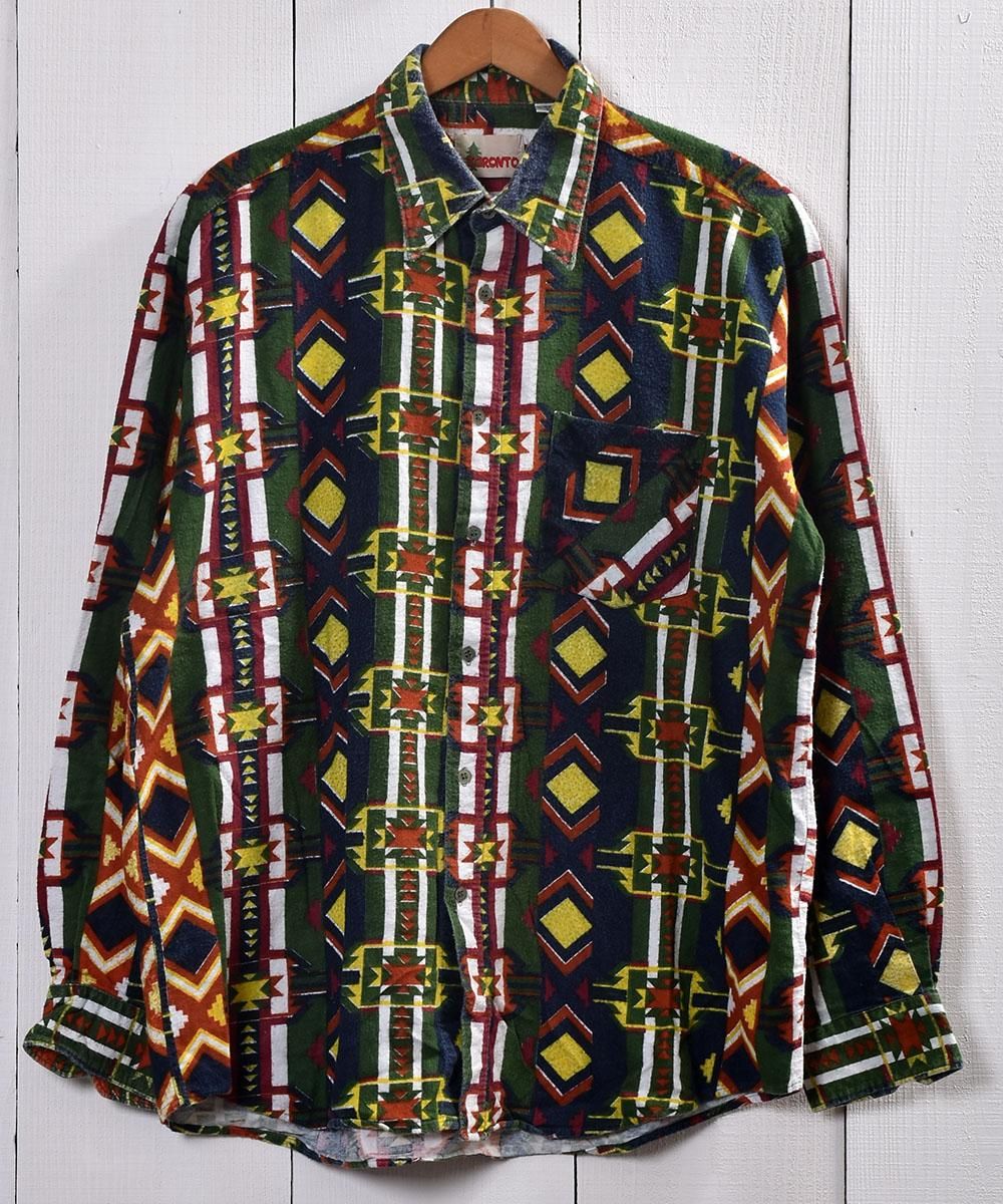 Native Pattern Euro Flannel Shirt ネイティブ柄 ユーロフランネル シャツ ドイツ製 グリーン系 古着のネット通販サイト 古着屋グレープフルーツムーン Grapefruitmoon Onlineshop ヴィンテージアイテム レトロファッション