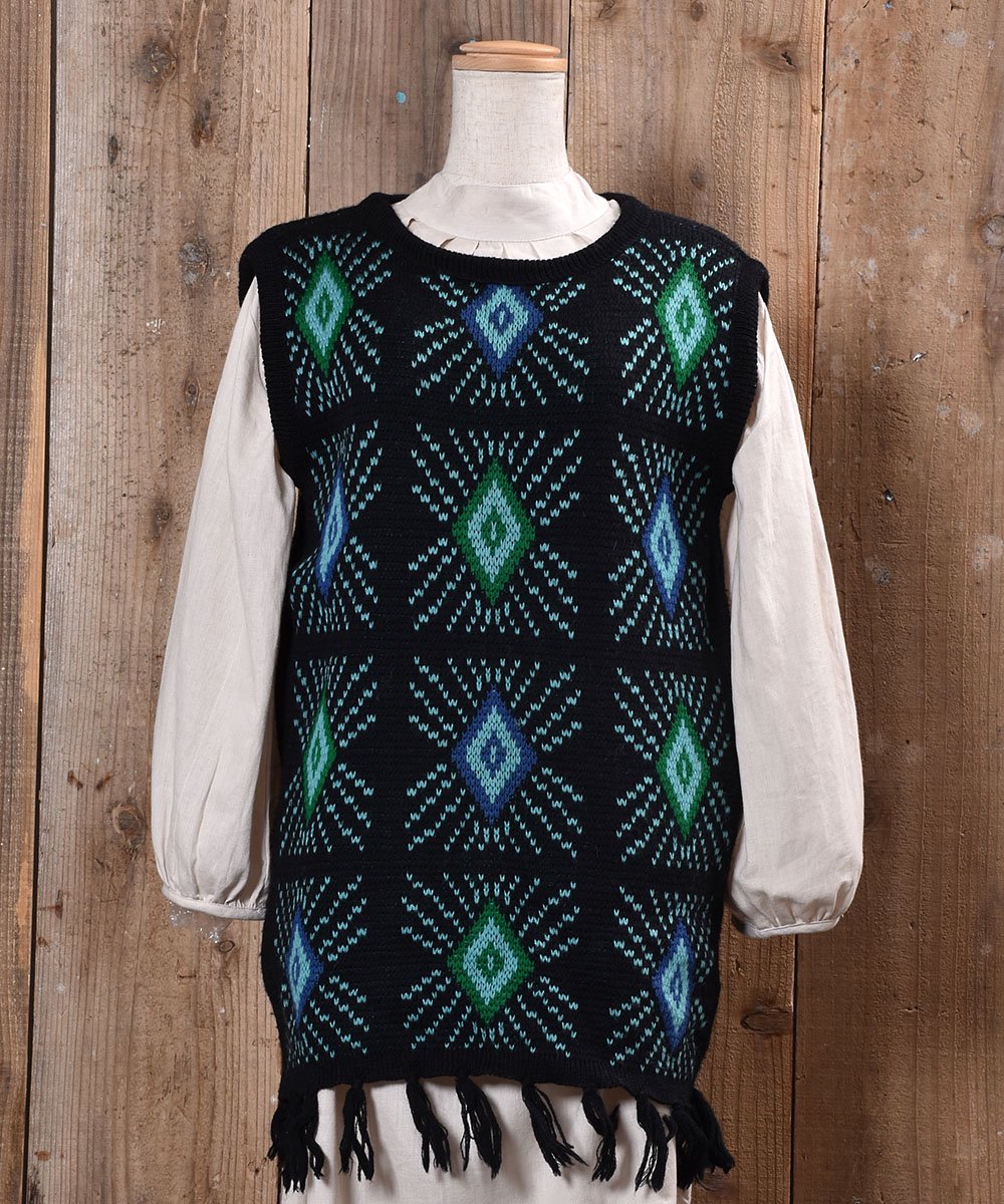 70's～80's｜White Stag｜diamond Pattern Fringe V Neck Long Knit ...