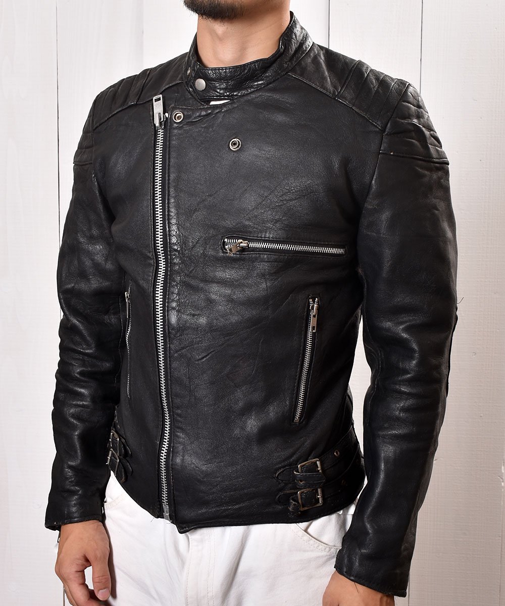 MADE IN ENGLAND Motorcycle Leather Jacket｜イングランド製 スタンドカラー ライダース ジャケット｜ブラック  古着のネット通販サイト 古着屋グレープフルーツ ムーン(Grapefruitmoon)Onlineshop ヴィンテージアイテム・レトロファッション
