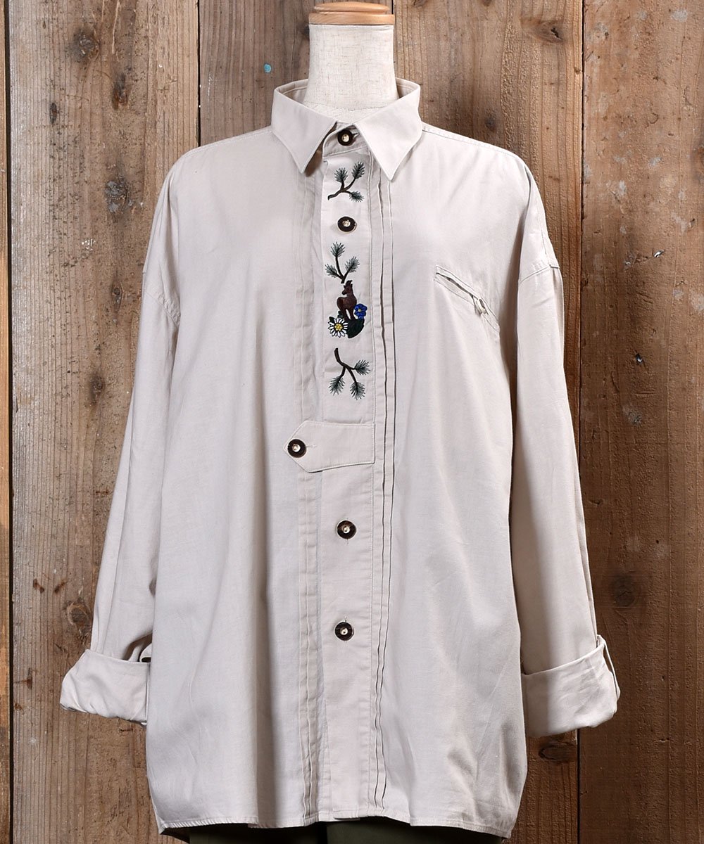 Deer Embroidery Beige Tyrolean Shirts｜鹿刺繍 チロリアン シャツ