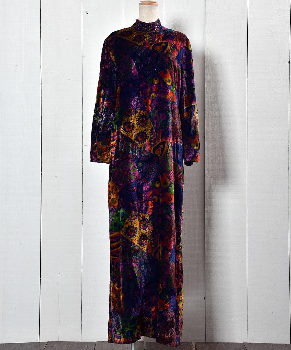 60's?70's Velvet Vintage Dress Colorful Flower pattern ｜ 60?70