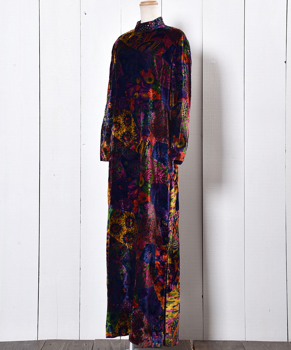 60's~70's Velvet Vintage Dress Colorful Flower pattern ｜ 60～70 