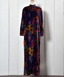 60's?70's Velvet Vintage Dress Colorful Flower pattern  60?70ǯ 
  ơ ٥ ޥɥ쥹 Υͥå 岰졼ץե롼 ࡼ