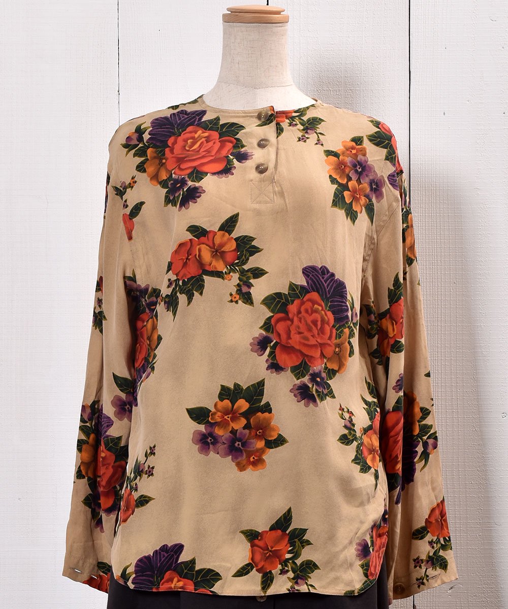 Long Sleeve Silk Shirt Flower Pattern Round Neck Pulloveråץ륪С 륯 Ĺµ  Ρ顼 ͥ