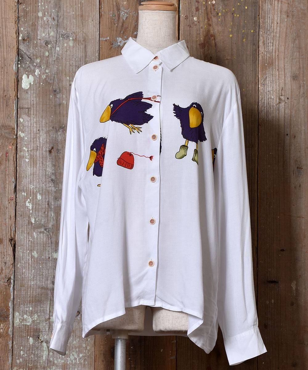 Long Sleeve Shirt Illustration Crow 長袖 シャツ イラスト カラス 古着のネット通販サイト 古着屋グレープフルーツムーン Grapefruitmoon Onlineshop ヴィンテージアイテム レトロファッション