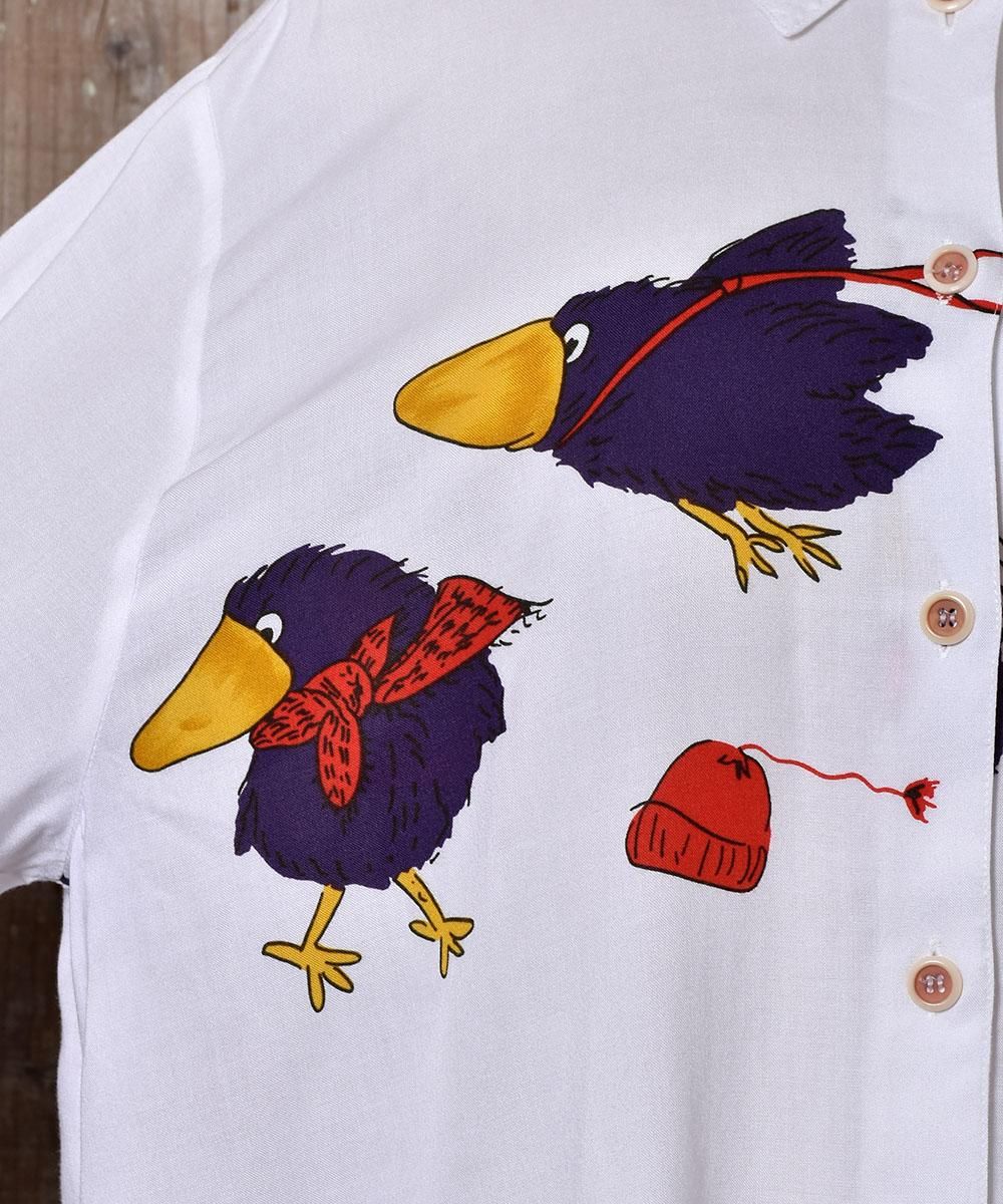 Long Sleeve Shirt Illustration Crow 長袖 シャツ イラスト カラス 古着のネット通販サイト 古着屋グレープフルーツムーン Grapefruitmoon Onlineshop ヴィンテージアイテム レトロファッション
