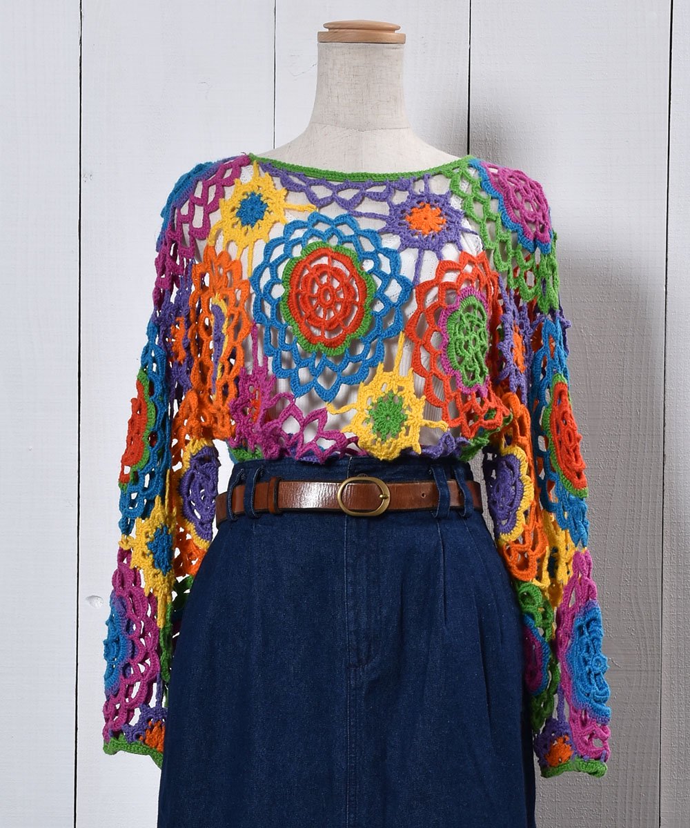 Long Sleeve Crochet Knit Flower Pattern｜長袖 かぎ編み ニット 花 