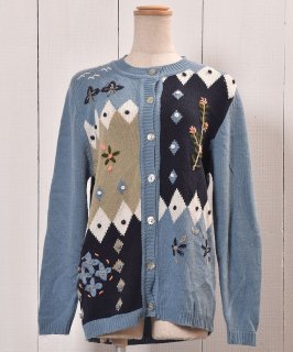 古着Flower Embroidery RoundNeck Knit Cardigan｜花刺繍 丸首カーディガン 古着のネット通販 古着屋グレープフルーツムーン
